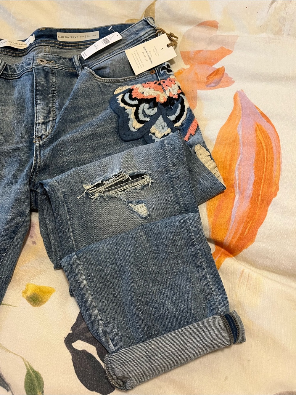 Pilcro Embroidered Distressed Boyfriend Jeans - Blue